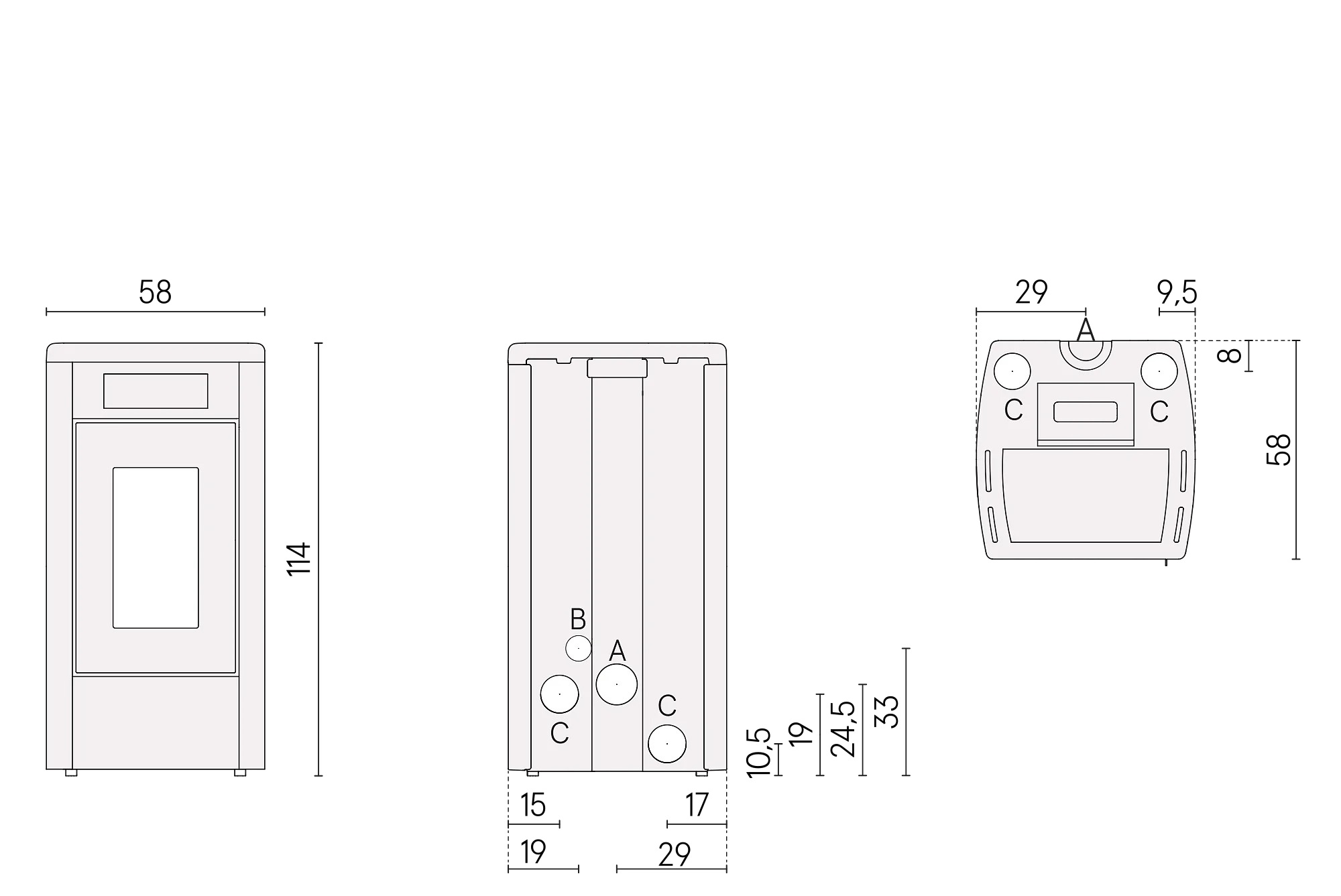 Rysunek techniczny z wymiarami pieca Cadel Atena Plus 14