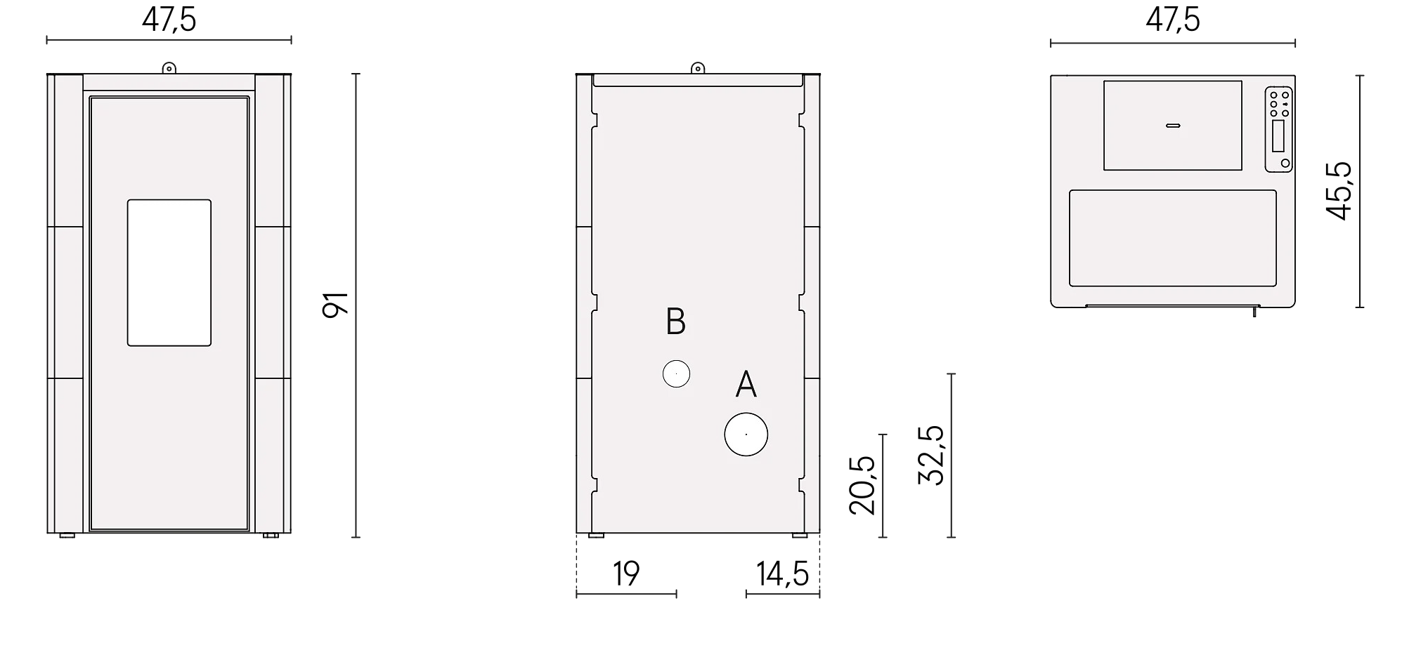 Rysunek techniczny z wymiarami pieca Cadel Cristal 7