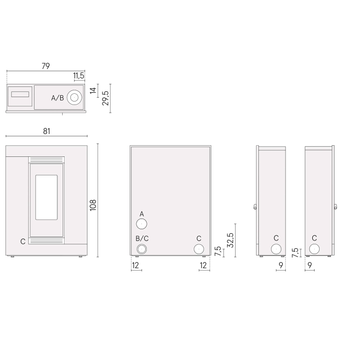 Wymiary pieca Cadel Luce Plus 9