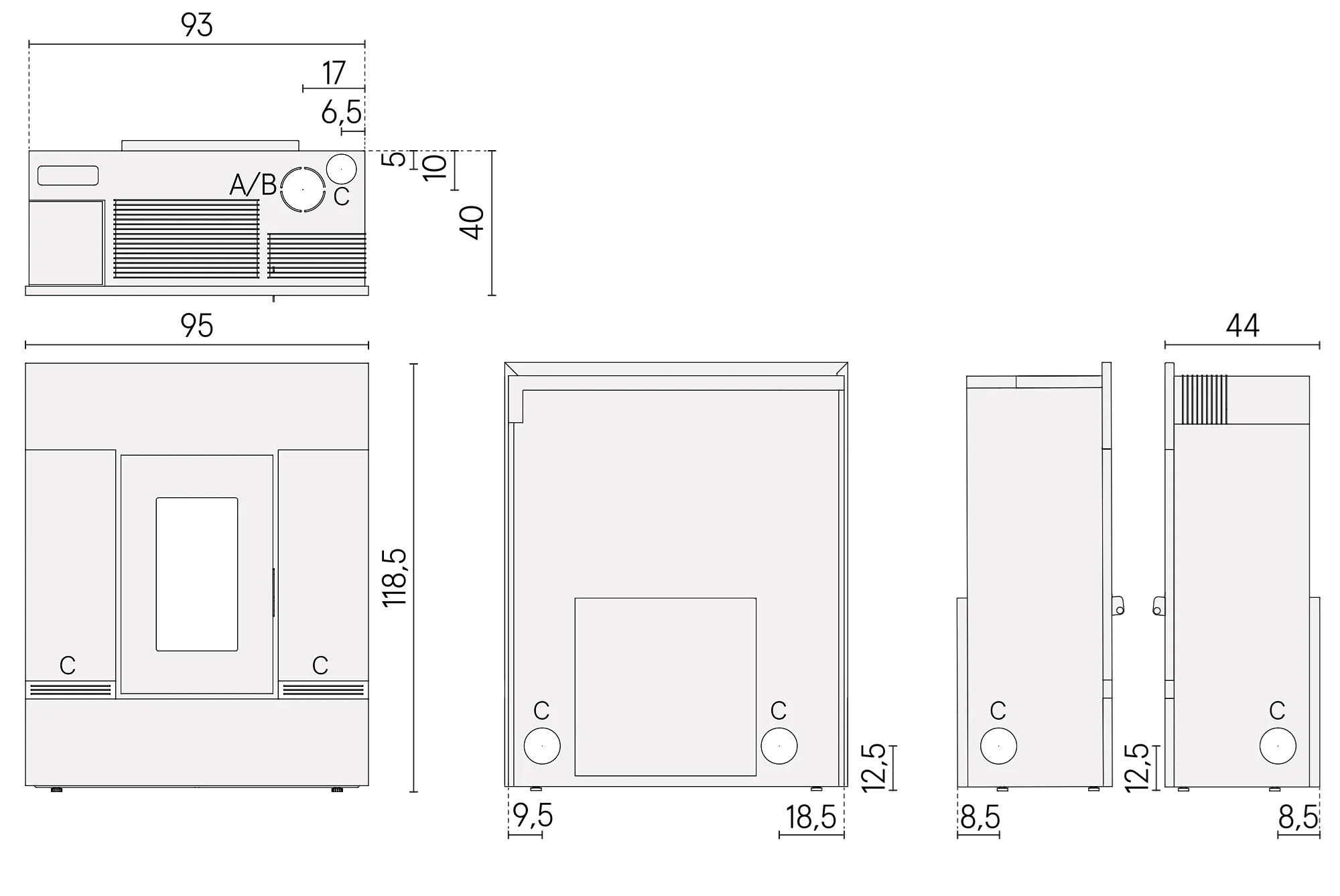 Rysunek techniczny z wymiarami pieca Cadel Mithos Plus UP 12