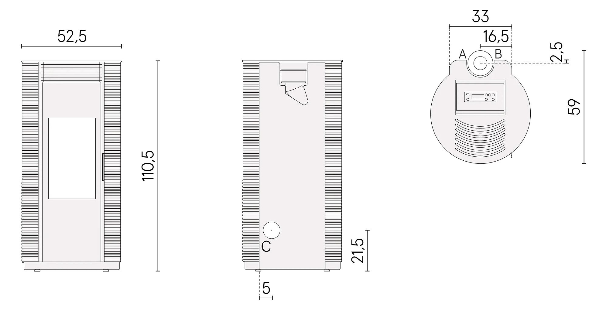 Rysunek techniczny i wymiary pieca Cadel Spin Plus 9 Ps