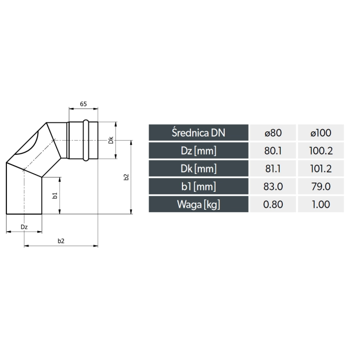 Kolano stałe z rewizją 90° 100mm Wymiary