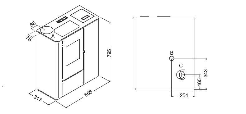 Wymiary pieca na pellet Eva Calor Vale