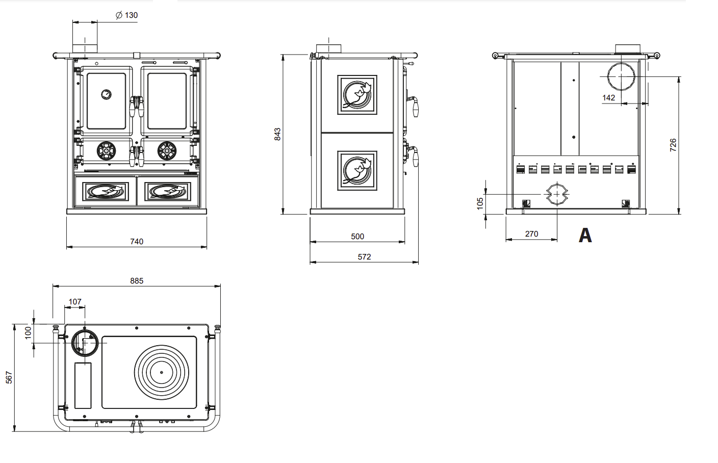 Wymiary kuchni Rosetta Sinistra 5.0 Ceramica 7,9kW