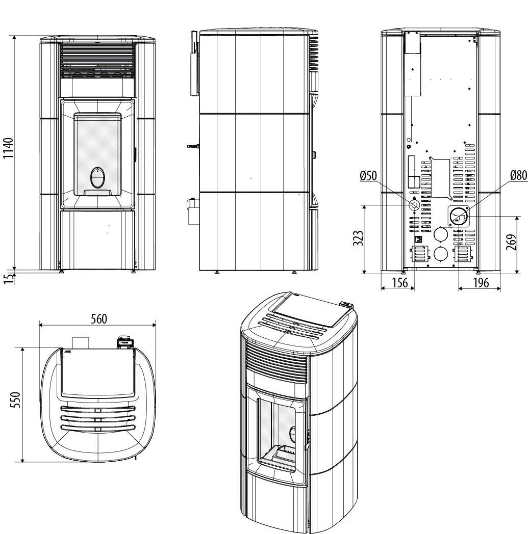 Rysunek techniczny z wymiarami pieca MCZ Suite Air 10 M3