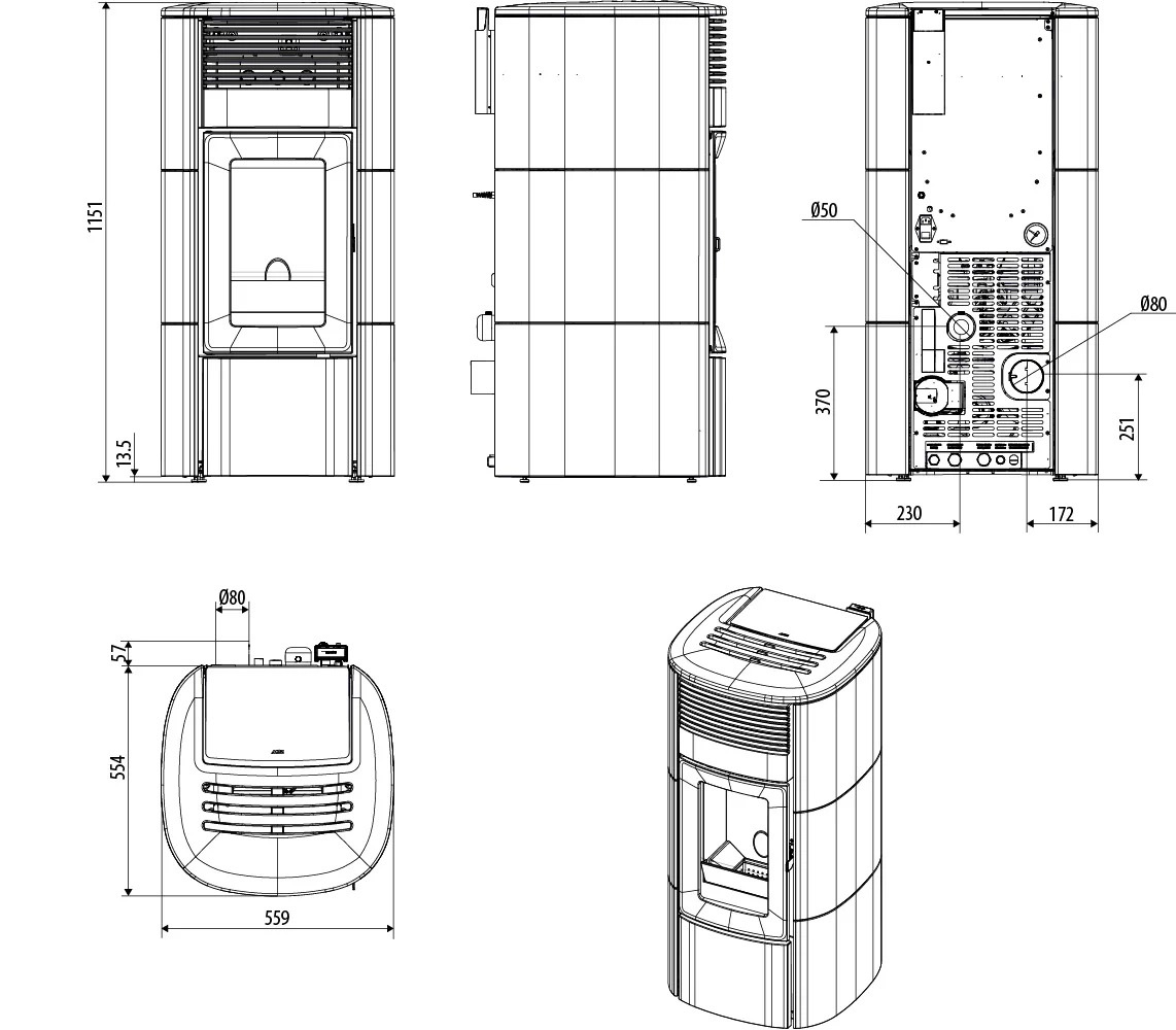 Rysunek techniczny z wymiarami pieca MCZ Suite Hydromatic 18 M2