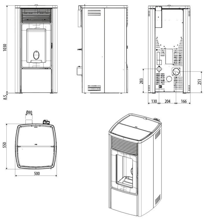 Rysunek techniczny z wymiarami pieca MCZ Ego Air 8 M3