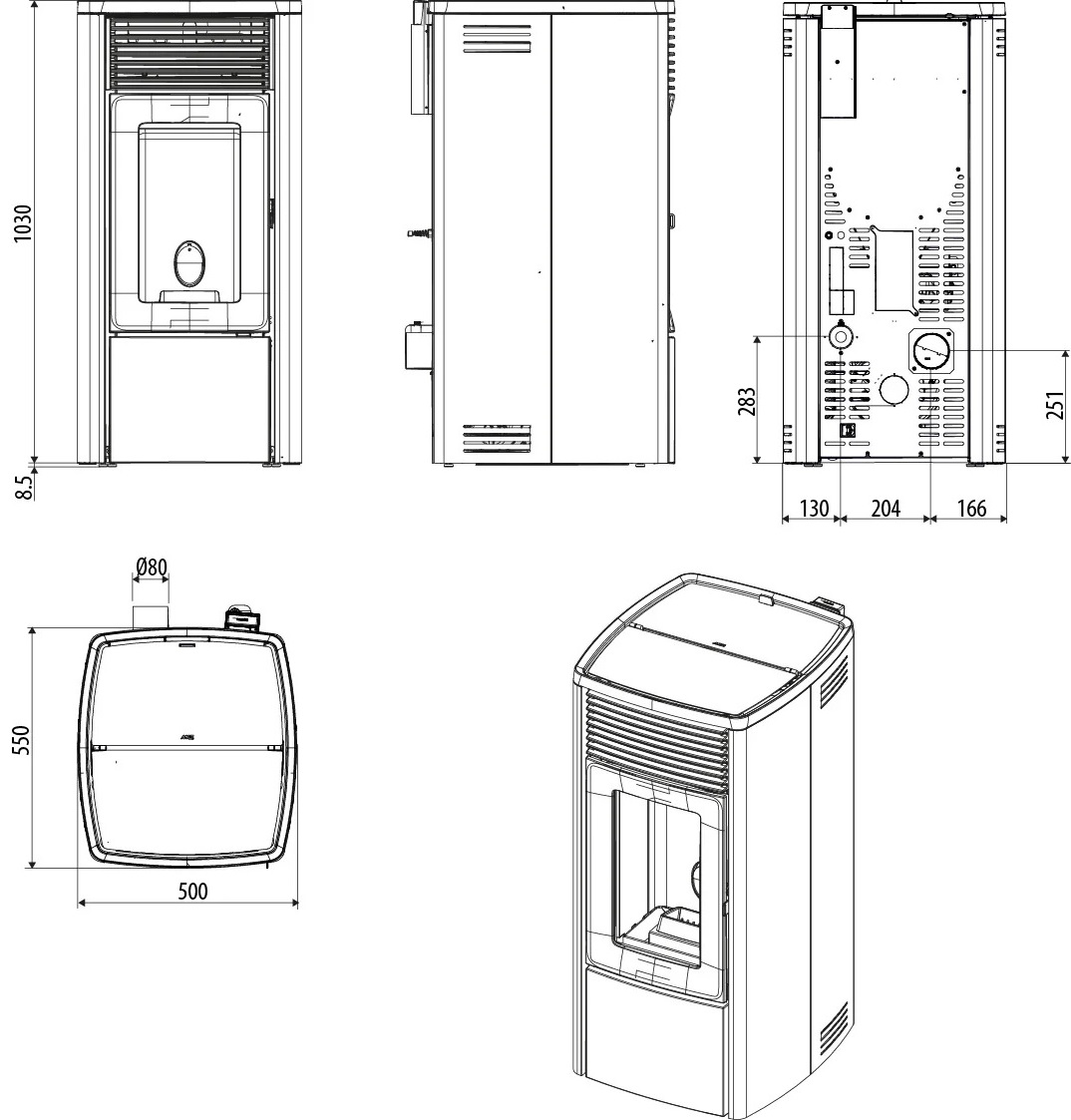 Rysunek techniczny z wymiarami pieca MCZ Ego Air 8 M3