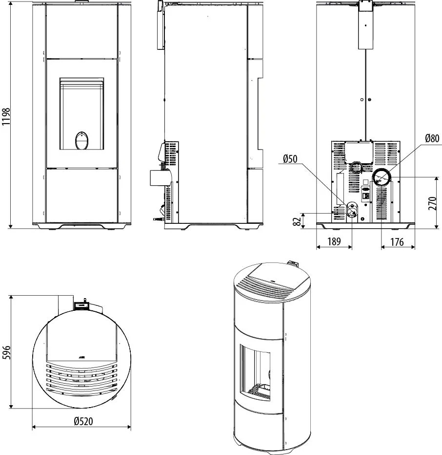 Rysunek techniczny z wymiarami pieca MCZ Halo Air 8 M2