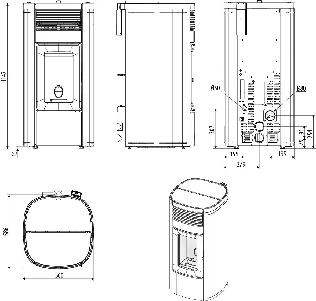 Rysunek techniczny z wymiarami pieca MCZ Musa Comfort Air 12 M3