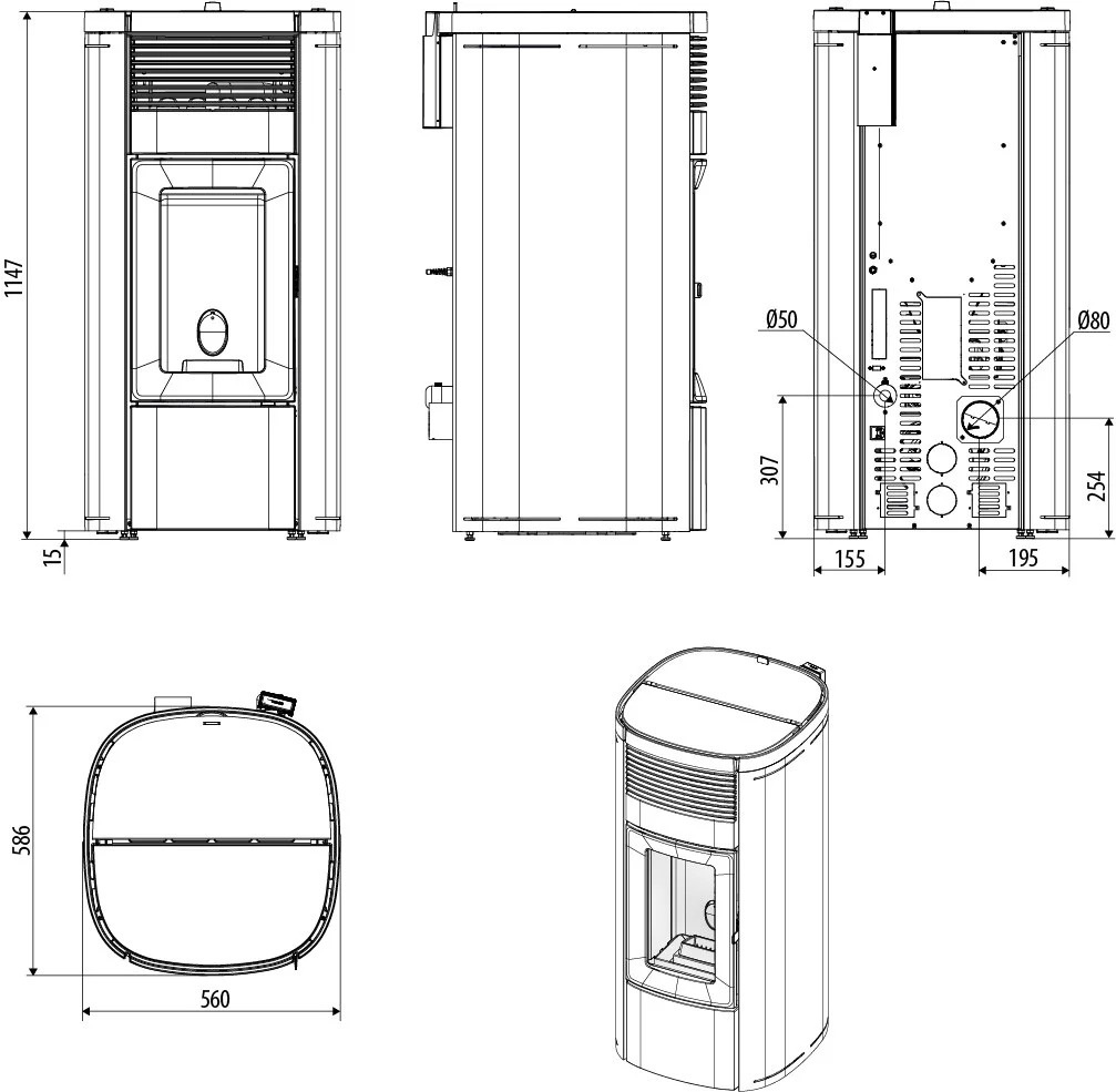 Rysunek techniczny z wymiarami pieca MCZ Musa Air 8 M3
