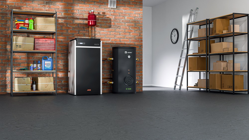 Kocioł MCZ Selecta zamontowany w kotłowni – widok aranżacyjny