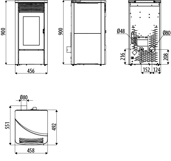Rysunek techniczny z wymiarami pieca MCZ Tecla Air 6 M1