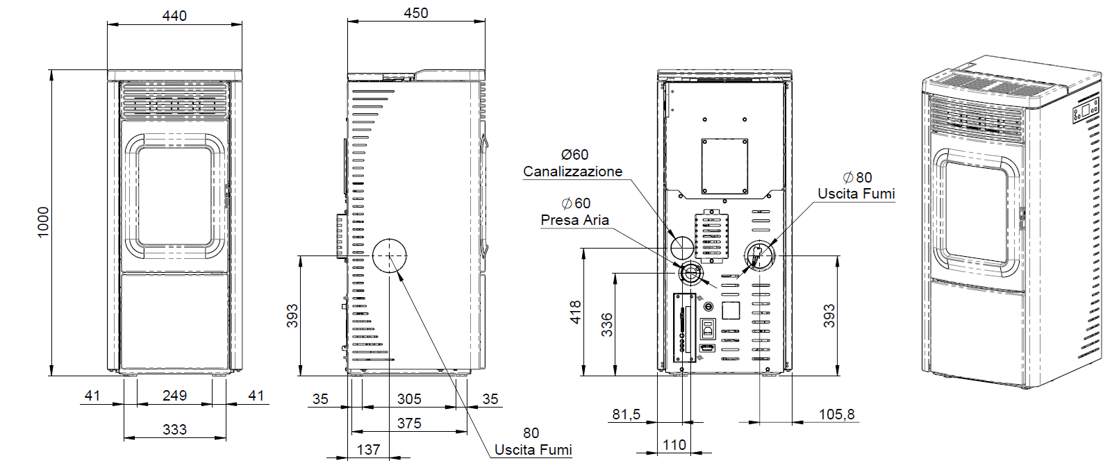 Rysunek techniczny z wymiarami pieca Nobis N70