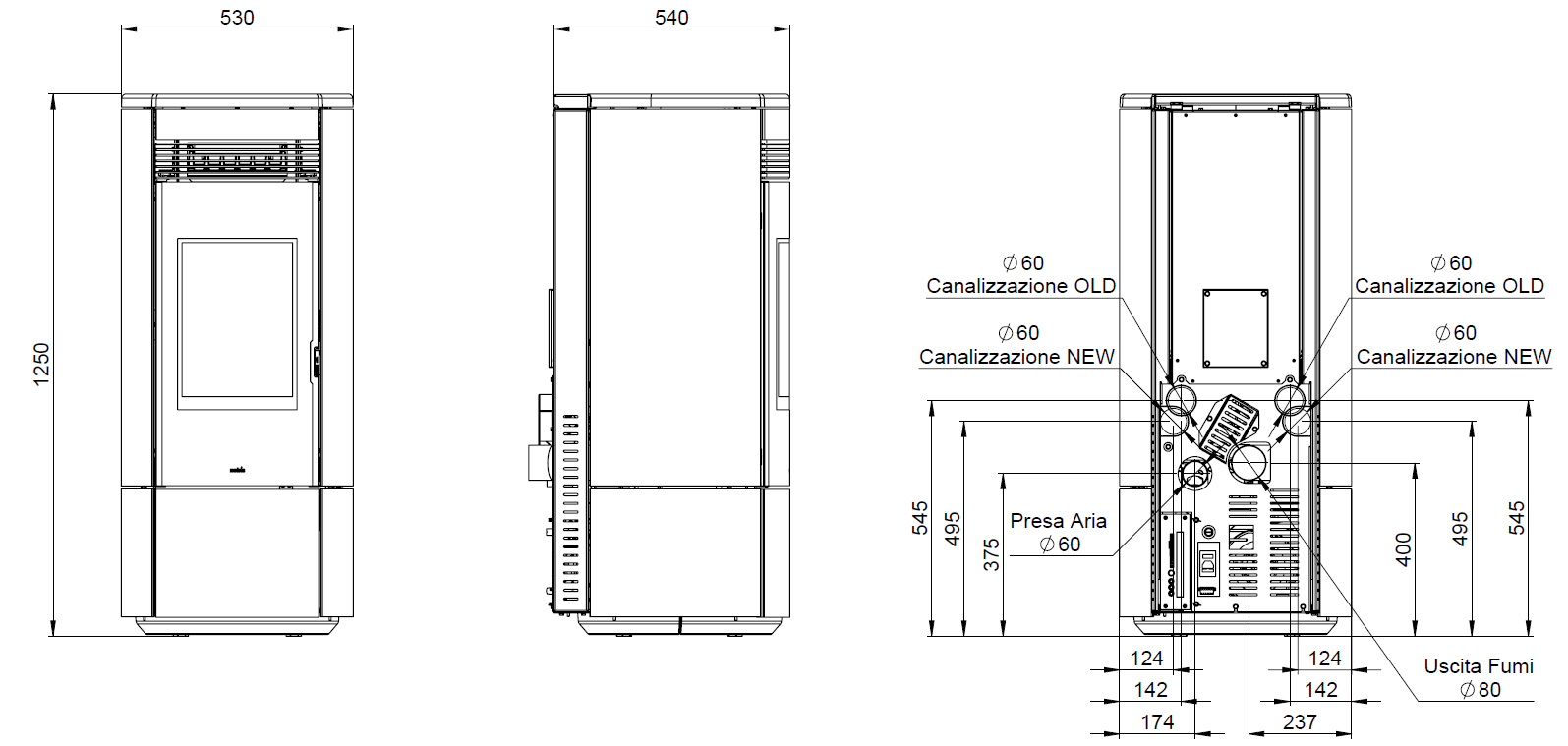 Rysunek techniczny z wymiarami pieca Nobis Round Glass A11