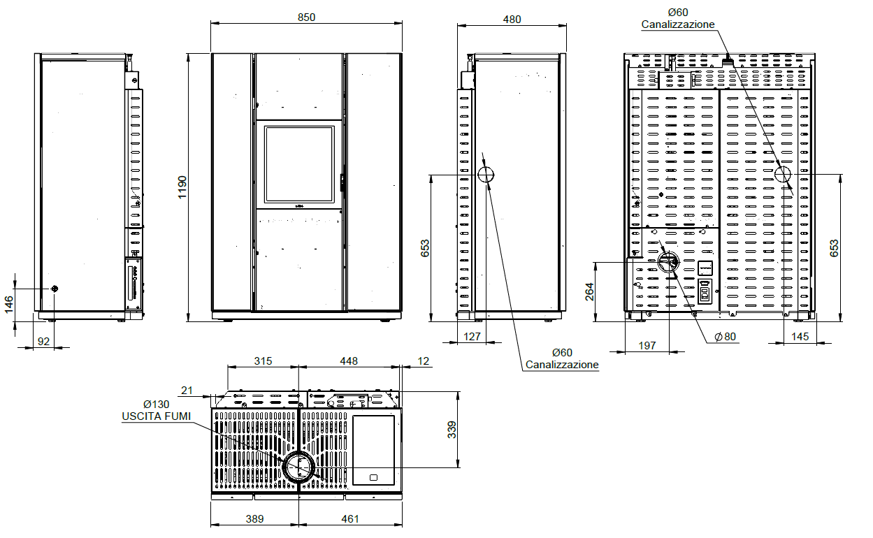 Rysunek techniczny z wymiarami pieca Nobis Unica A10