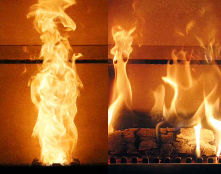 Płomień podczas spalania pelletu i podczas spalania drewna w Nobis Unica